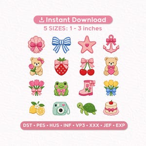 May include: A selection of colourful embroidery designs, featuring a seashell, bow, star, anchor, teddy bear, strawberry, cherries, frog, boot, tulips, lemon, camera, turtle, and cake. Designs are available in 5 sizes, 2.5 to 7.6 cm.