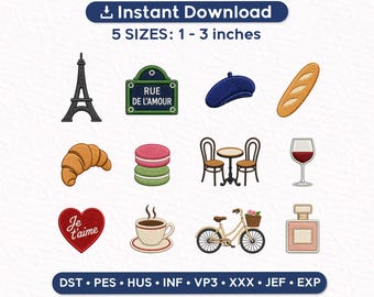 Lot de 12 motifs de broderie Français Paris, Tour Eiffel Croissant béret Macaron Mini fichier de broderie Machine parisienne PES DST