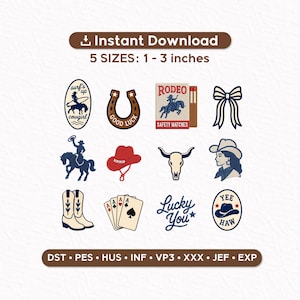 May include: A selection of cowboy-themed digital designs, featuring a horseshoe, cowboy boots, playing cards, and a cowboy hat. The designs are available in 5 sizes, ranging from 2.5 to 7.6 cm.