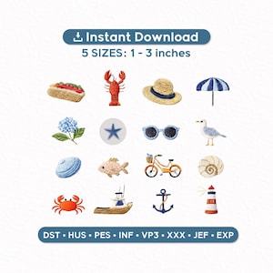 Coastal Beach Mini Embroidery Designs Set of 16 | Summer Nautical Icons | Crab Lobster Anchor Lighthouse | Machine Embroidery Files