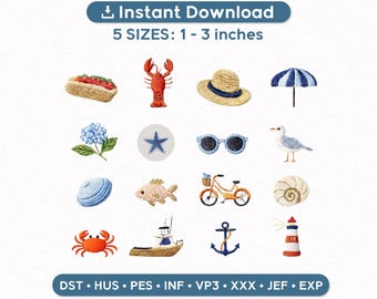 Coastal Beach Mini Embroidery Designs Set of 16 | Summer Nautical Icons | Crab Lobster Anchor Lighthouse | Machine Embroidery Files
