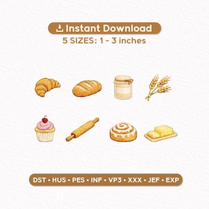 May include: An illustration of baked goods including a croissant, loaf of bread, jar of jam, wheat stalks, cupcake, rolling pin, cinnamon roll, and butter. The image text reads "Instant Download" and "5 SIZES: 1-3 inches."