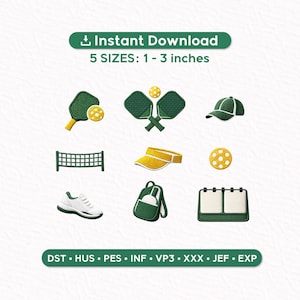 Könnte beinhalten: Stickmotive zum Thema Pickleball. Enthält Schläger und Ball, gekreuzte Schläger und Ball, eine Kappe, ein Netz, ein Visier, einen Ball, einen Schuh, einen Rucksack und eine Anzeigetafel. Größen von 2.5 bis 7.6 cm.