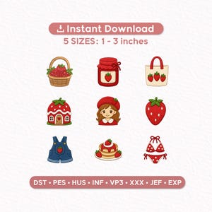 Puede incluir: Colección de ilustraciones digitales con temática de fresas. Incluye una cesta de fresas, un tarro de mermelada, un bolso de mano, una casa fresa, una niña con boina, una fresa grande, un peto, tortitas y un bikini. Texto: "Descarga instantánea" y "5 TAMAÑOS: 2.5-7.6 cm".