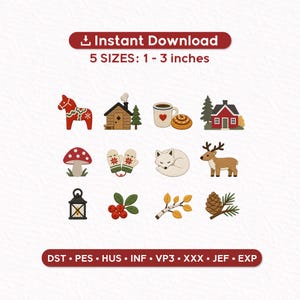 Scandinavian Hygge Winter Embroidery Designs Set of 12 | Nordic Cottage Dala Horse Reindeer Fika Icons | Machine Embroidery Files