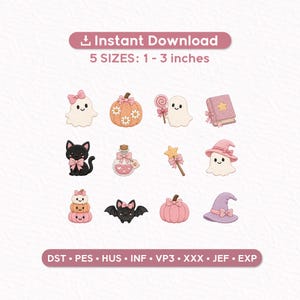 May include: A collection of twelve digital embroidery designs featuring pastel-themed Halloween icons including ghosts, pumpkins, a black cat, a potion bottle, a star wand, a book, a bat, and witch hats, with text reading Instant Download 5 SIZES: 2.5 - 7.6 cm.