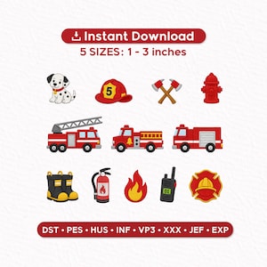 May include: A collection of cartoon-style firefighter-themed graphics. Includes a Dalmatian, a firefighter's helmet with the number 5, crossed axes, a fire hydrant, fire trucks, boots, a fire extinguisher, a flame, a walkie-talkie, and a firefighter's badge. The sizes range from 1 to 3 inches.