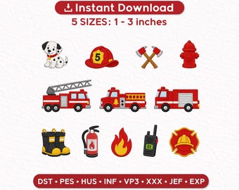 Firefighter Embroidery Designs Set of 12 | Fire Truck & Rescue Mini Icons | Fireman Machine Embroidery Files Instant Download