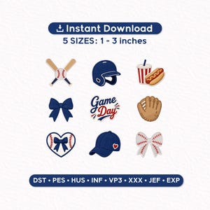 May include: A selection of baseball-themed digital designs, featuring bats and ball, a helmet, a hot dog, a bow, a baseball glove, a heart-shaped design, a baseball cap, and a baseball bow. The designs are available in 5 sizes, ranging from 2.5 to 7.6 cm.