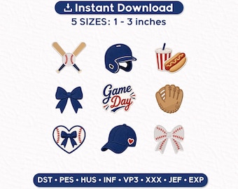 Coquette Baseball Embroidery Designs Set of 9 | Game Day Bow Baseball Icons | Sports Girl Machine Embroidery Files