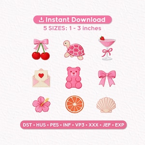 May include: A collection of pink embroidery designs, including cherries, a turtle, a cocktail, an envelope with a heart, a gummy bear, a bow, a hibiscus flower, an orange slice, and a seashell. The designs are available in 5 sizes, ranging from 1 to 3 inches.