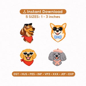 May include: Digital embroidery designs featuring four different dog breeds wearing sunglasses and bandanas. Includes a dachshund, corgi, golden retriever, and poodle. The designs are available in 5 sizes, ranging from 1 to 3 inches.