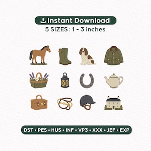 Puede incluir: Un conjunto de diseños de bordado digital con doce iconos: caballo marrón, botas verdes, spaniel, chaqueta verde, cesta de flores, linterna, herradura, tetera, maletín marrón, brida, casco de equitación y casa. Texto: Instant Download 5 SIZES: 1 - 3 inches DST PES HUS INF VP3 XXX JEF EXP.