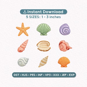May include: Nine embroidered seashell designs in shades of orange, green, purple, and peach. The designs vary in size from 2.5 to 7.6 cm. The words "Instant Download" and "5 SIZES" are at the top.