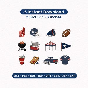May include: A digital embroidery design set featuring twelve sports and tailgate themed icons including a foam finger, football helmet, megaphone, football, grill, cooler, tent, pennant, drink cup, cornhole board, pickup truck, and jersey.