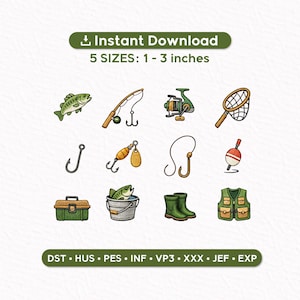 Può includere: Una collezione di ricami a tema pesca. Include un pesce verde, canna da pesca, mulinello, rete, ami, esche, galleggiante, scatola per attrezzi, secchio con pesce, stivali verdi e gilet da pesca. Il testo recita "Download istantaneo" e "5 MISURE: 2.5-7.6 cm".