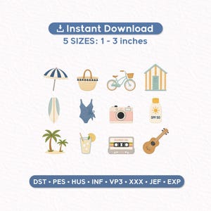 Conjunto de 12 diseños de bordado de club de playa retro / Iconos de vacaciones de verano en la playa / Archivos de bordado a máquina