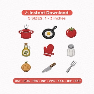 May include: A collection of embroidered kitchen-themed patches. The patches include a red pot, a frying pan with a fried egg, a tomato, olive oil, a red oven mitt, a salt shaker, an onion, a knife, and a fork. The patches are available in 5 sizes, ranging from 1 to 3 inches.