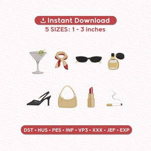 Op de afbeelding: Illustratie met een martini, sjaal, zonnebril, parfumflesje, hoge hak, handtas, lippenstift en sigaret. Tekst luidt "Direct downloaden" en "5 MATEN: 2.5-7.6 cm".