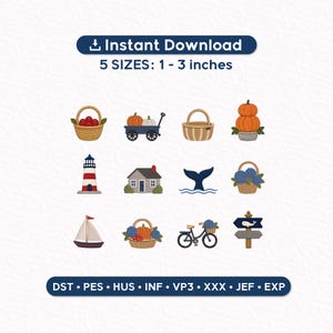 Puede incluir: Un conjunto de diseños de bordado digital con doce iconos que incluyen cestas con frutas y flores, un carro de calabazas, un faro, una casa, una cola de ballena, un velero, una bicicleta y un poste indicador. Texto: Instant Download 5 SIZES 1-3 inches.