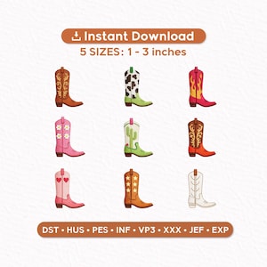 Pode incluir: Nove designs de botas de cowboy coloridas. As botas são de várias cores e designs. A imagem inclui o texto "Instant Download" e "5 SIZES: 1-3 inches". Os tamanhos variam de 2.5 a 7.6 cm.