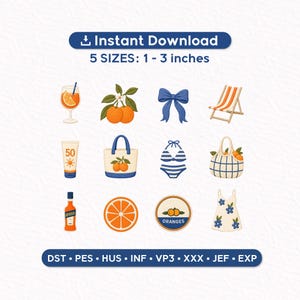 Op de afbeelding: Een verzameling digitale illustraties met een zomerthema. Bevat een cocktail, sinaasappels, een strik, een strandstoel, zonnebrandcrème, een draagtas, een bikini, een boodschappentas, een fles, een sinaasappelschijfje, een label met sinaasappels en een jurk. De tekst op de afbeelding zegt "Direct downloaden" en "5 MATEN: 2.5-7.6 cm".