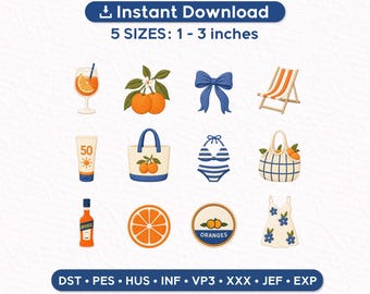 Italian Summer Club Embroidery Designs Set of 12 | Coastal Amalfi Icons | Aperol Orange Beach Bow | Machine Embroidery Files