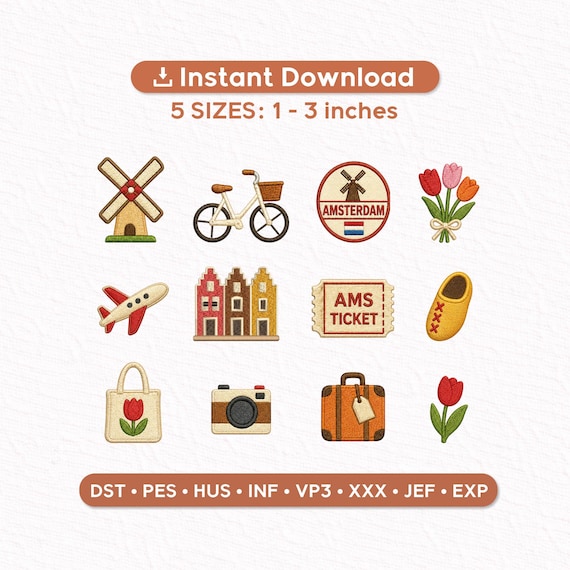 Amsterdam Travel Mini Embroidery Designs Set of 12 | Dutch Tulip Windmill Icons | Bicycle Clog Canal House | Machine Embroidery Files