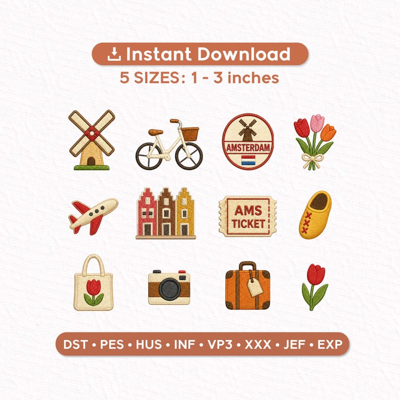 May include: A collection of embroidered travel-themed patches. Designs include a windmill, bicycle, Amsterdam emblem, tulips, airplane, houses, ticket, clog, tote bag, camera, suitcase, and a single tulip. The patches are available in 5 sizes, ranging from 1 to 3 inches.