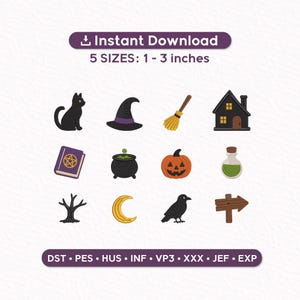Puede incluir: Un conjunto de diseños de bordado digital con doce iconos: un gato negro, sombrero de bruja, escoba, casa, libro morado con pentagrama, caldero, calabaza, frasco de poción, árbol desnudo, luna creciente, cuervo y letrero de madera, con el texto Instant Download 5 SIZES: 1 - 3 inches.