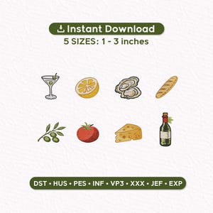 Italian Summer Mini Embroidery Design Set of 8 – Martini Lemon Oyster Baguette Olive Wine Cheese Machine Embroidery Files 1-3 Inch