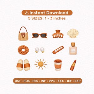 May include: An illustration featuring various summer-themed accessories. Includes a handbag, sunglasses, hair clip, seashell, scrunchie, earrings, pearl barrette, perfume bottle, sandals, sun, coffee cup, and lipstick. The text reads "Instant Download" and "5 SIZES: 1-3 inches."