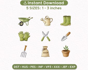 Garten Mini Stickmuster Set, 9 Garten Icons, Stiefel, Schubkarre Samen, PES DST EXP Dateien, Instant Download