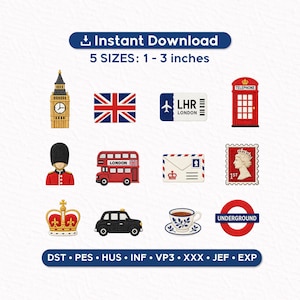 Puede incluir: Un conjunto de parches bordados con símbolos icónicos de Londres. Incluye el Big Ben, la bandera del Reino Unido, una etiqueta del aeropuerto de Londres Heathrow, una cabina telefónica roja, un guardia real, un autobús de dos pisos, una carta, un sello postal, una corona, un taxi negro, una taza de té y un letrero de metro. Tamaños de 2.5 a 7.6 cm.