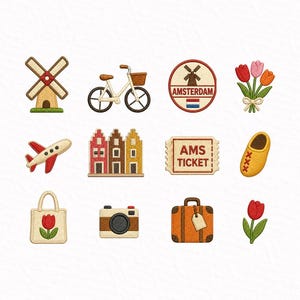 May include: A collection of embroidered patches featuring Dutch travel themes. Includes a windmill, bicycle, Amsterdam badge, tulips, airplane, houses, ticket, clog, tote bag, camera, suitcase, and a single tulip.
