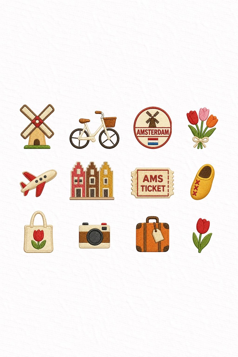May include: A collection of embroidered patches featuring Dutch travel themes. Includes a windmill, bicycle, Amsterdam badge, tulips, airplane, houses, ticket, clog, tote bag, camera, suitcase, and a single tulip.