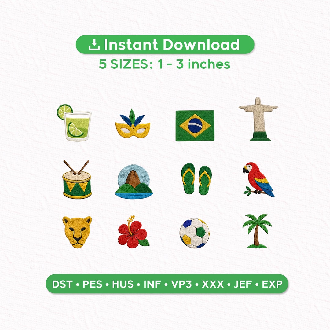 Brazil Embroidery Bundle, Tropical Rio Mini Icons Set, Carnival ...