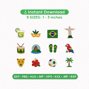 Könnte beinhalten: Eine Sammlung gestickter Aufnäher mit brasilianischen Motiven. Enthält Caipirinha, Karnevalsmaske, brasilianische Flagge, Christusstatue, Trommel, Zuckerhut, Flip-Flops, Papagei, Jaguar, Hibiskusblüte, Fußball und Palme. Größen von 2.5 bis 7.6 cm.