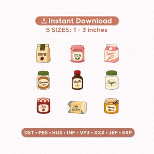 Puede incluir: Ilustración de varios alimentos: café, té, crema, canela, vainilla, azúcar, mermelada, mantequilla y miel. El texto de la imagen dice "Descarga instantánea" y "5 TAMAÑOS: 2.5-7.6 cm."