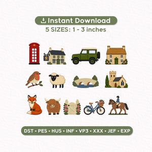 Puede incluir: Un conjunto de diseños de bordado digital con doce iconos: una cabina telefónica roja, un pub, un vehículo todoterreno verde, una casa de campo, un petirrojo, una oveja, un puente de piedra, una iglesia, un zorro, una vaca, una puerta, una bicicleta y un jinete.