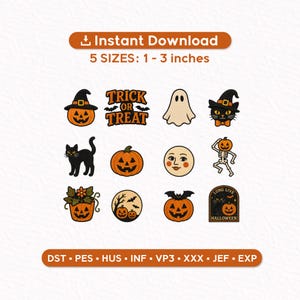 May include: A collection of twelve Halloween-themed digital embroidery designs featuring a pumpkin in a witch hat, the text "TRICK OR TREAT", a ghost, a cat in a witch hat, a black cat, a pumpkin, a moon face, a skeleton, a pumpkin plant, bats, and a sign reading "LONG LIVE HALLOWEEN".