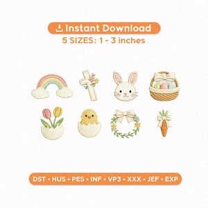 Juego de 8 mini diseños de bordado de Pascua + lazo extra / Archivos de bordado a máquina de primavera de 1 a 3 pulgadas / Canasta cruzada de conejito y pollito