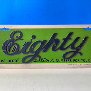 May include: Black plastic "Eighty" sign with mounting hardware on a green background. The sign is for spellout numbers. The text "dust proof" and "spellout numbers for your" are also visible.