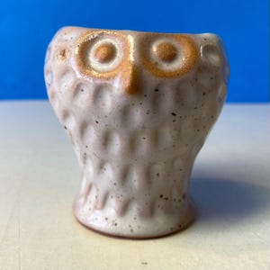 Puede incluir: Pequeña figura de búho de cerámica con cuerpo blanco roto moteado y cara marrón claro. El búho tiene ojos grandes y redondos y un pico. El objeto es decorativo.