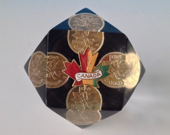 Canadian Pennies Encased In Acrylic Paperweight