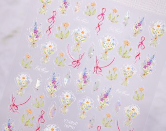 May include: Clear sheet of floral stickers featuring bouquets of daisies, lavender, and other flowers. The stickers have a transparent background with red ribbon accents and the text "Eat Fresh". The sticker sheet also includes the text "YT4960 TePro".