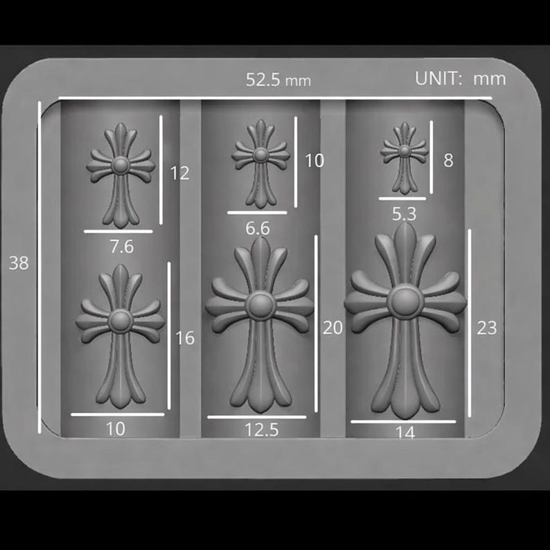 May include: A gray 3D rendering of three cross designs in varying sizes. The largest cross is 23 mm tall and 14 mm wide. The smallest cross is 8 mm tall and 5.3 mm wide. The image includes measurements in millimeters.