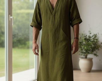 Túnica caftán de lino para hombre - Verde oliva cómodo Caftán largo