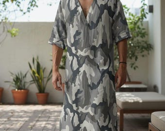 Bata caftán estampada de algodón hecha a mano para hombre - Bata larga con cuello en V para hombre