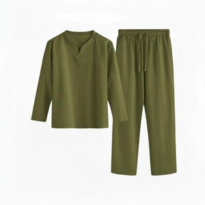 May include: Olive green long-sleeve shirt and matching pants set. The shirt has a V-neck with three buttons. The pants have a drawstring waist. The fabric appears to be a lightweight, breathable material.
